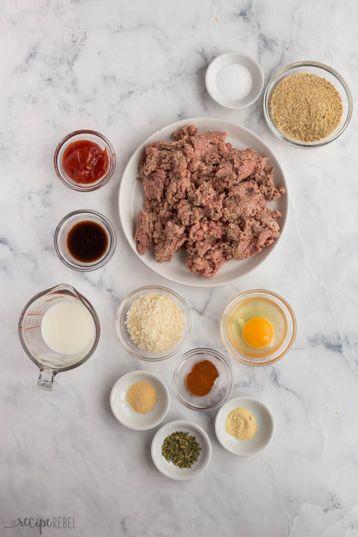 ingredients for air fryer meatloaf on white background