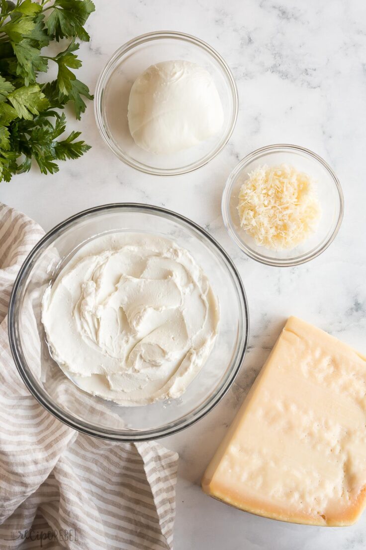 fresh mozzarella grana padano and ricotta cheese on a white background
