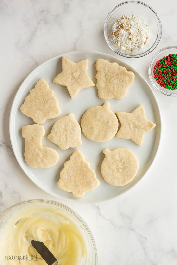 sugar cookies on a white plate with no frosting