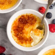 overhead image of creme brulee with one scoop sitting on top