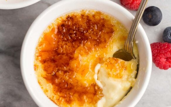 overhead image of creme brulee with one scoop sitting on top