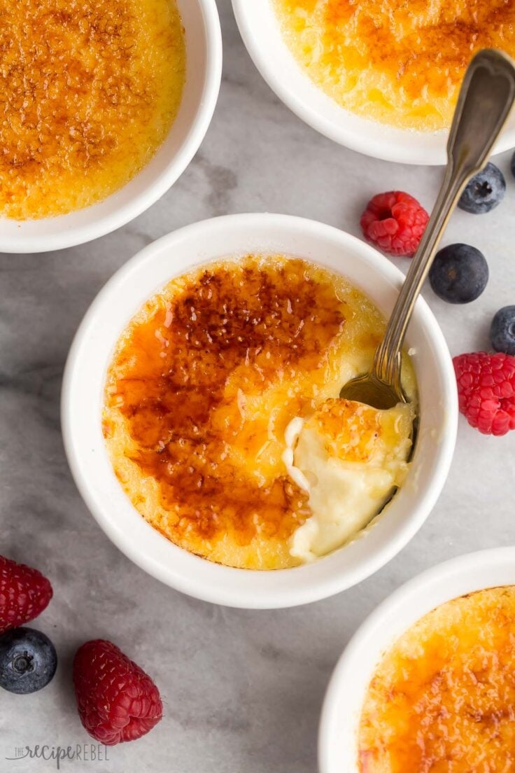 overhead image of creme brulee with one scoop sitting on top