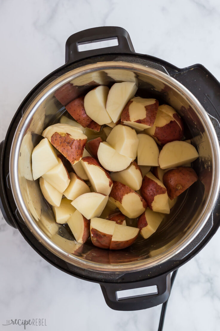 chunks of potatoes with skin in bottom of instant pot