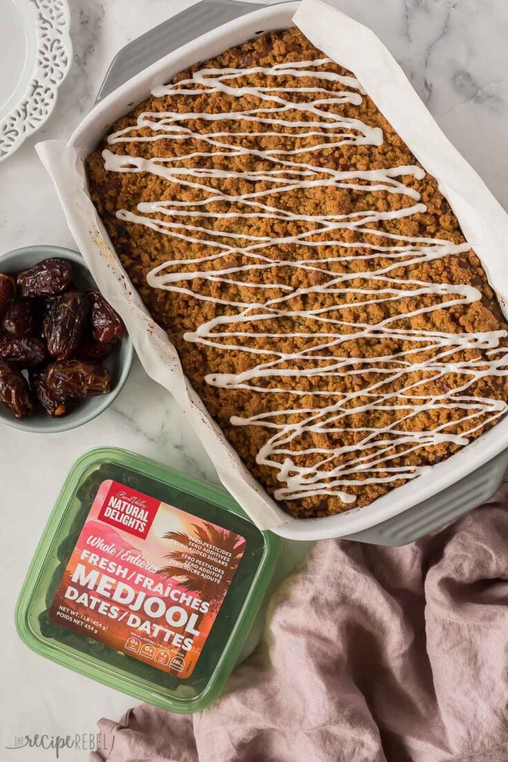 overhead image of coffee cake with package of natural delights medjool dates