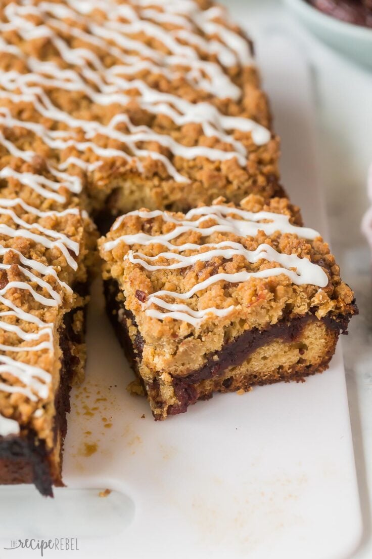 piece of medjool date coffee cake cut from the whole