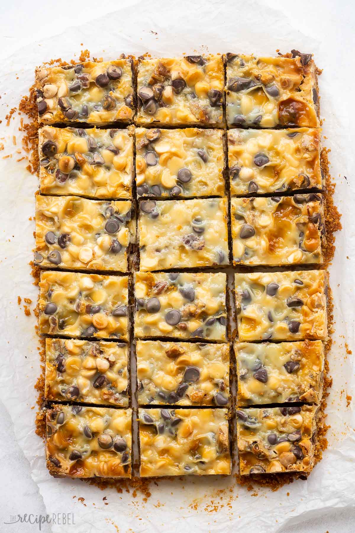 overhead image of seven layer bars sliced.