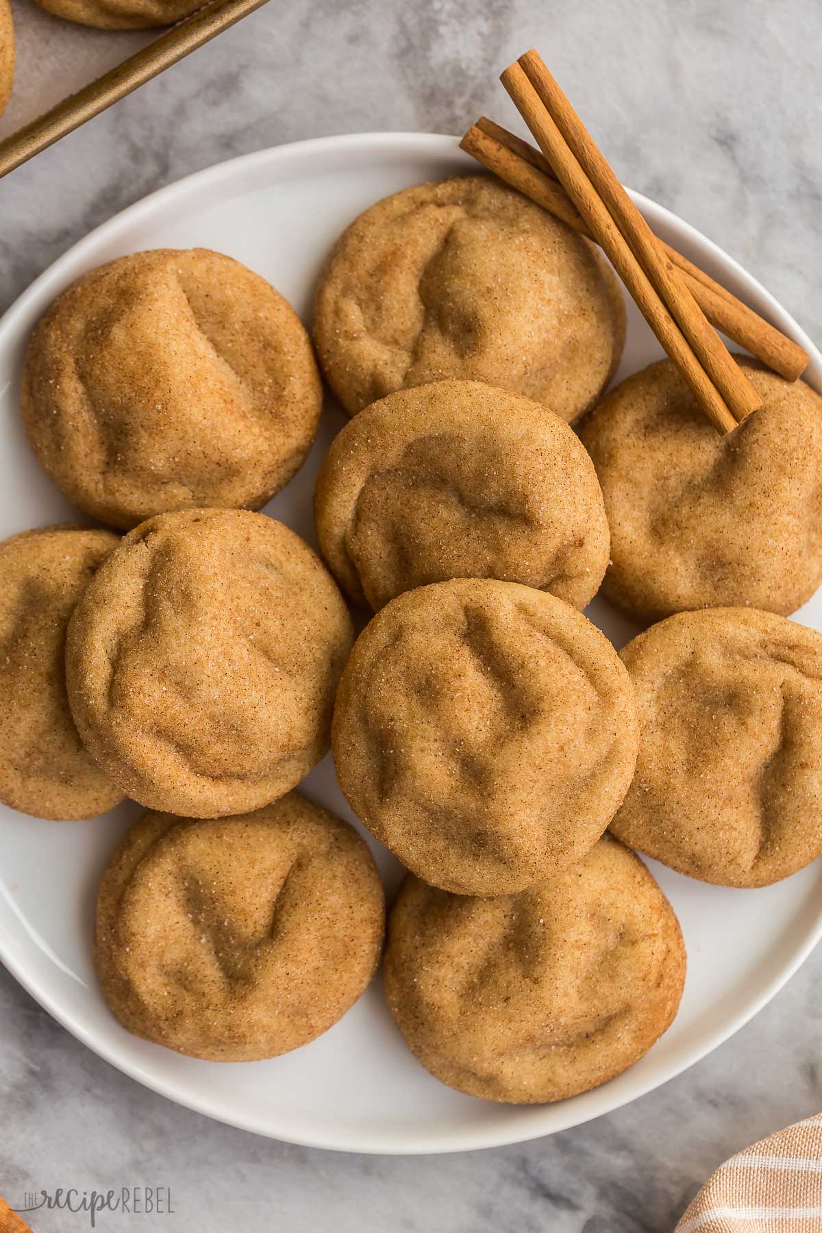 overhead image of snickerdoodle cookies on plate with cinnamon sticks