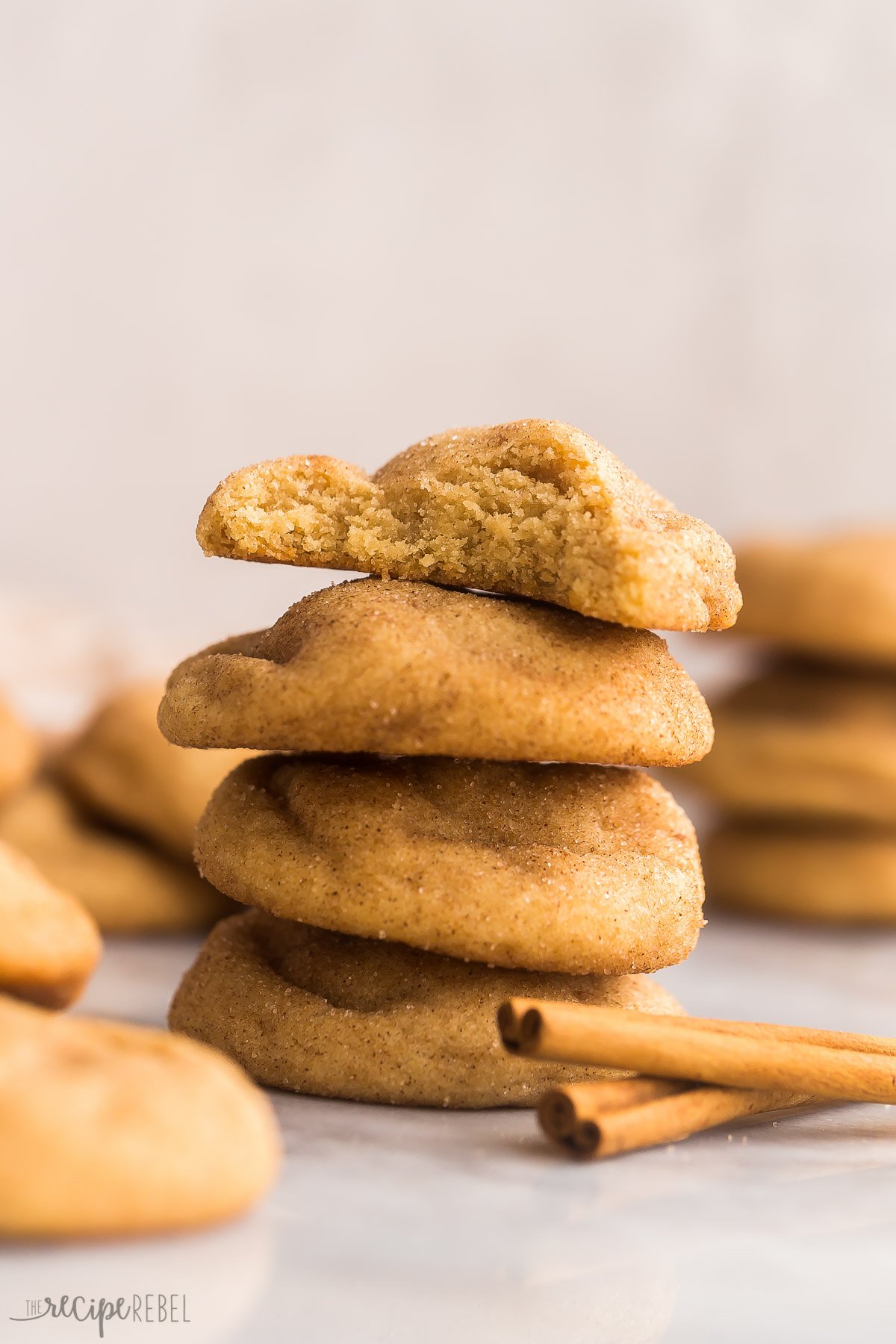 stack of four snickerdoodle cookies against grey background