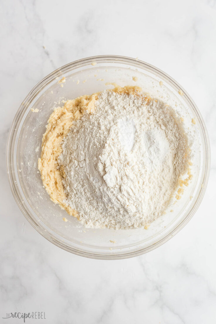 dry ingredients added to wet in glass bowl