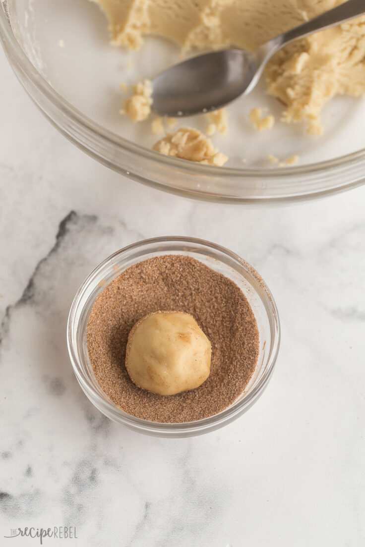 ball of snickerdoodle cookie dough in bowl of cinnamon sugar