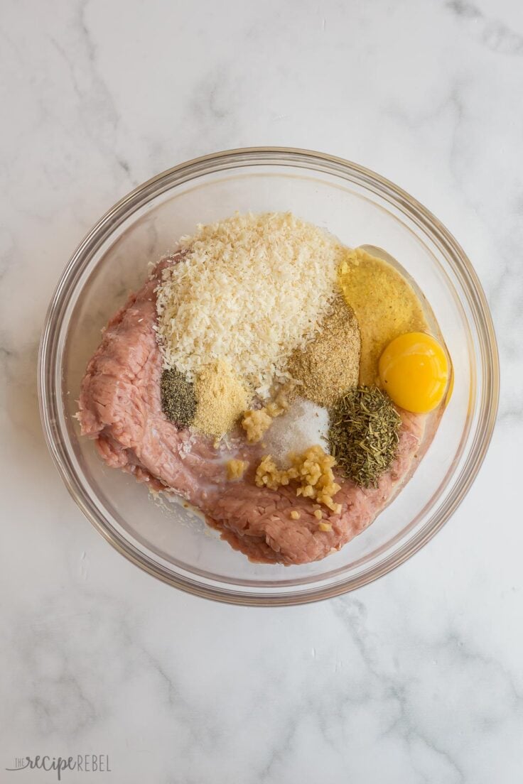 overhead image of bowl with turkey meatball ingredients in it