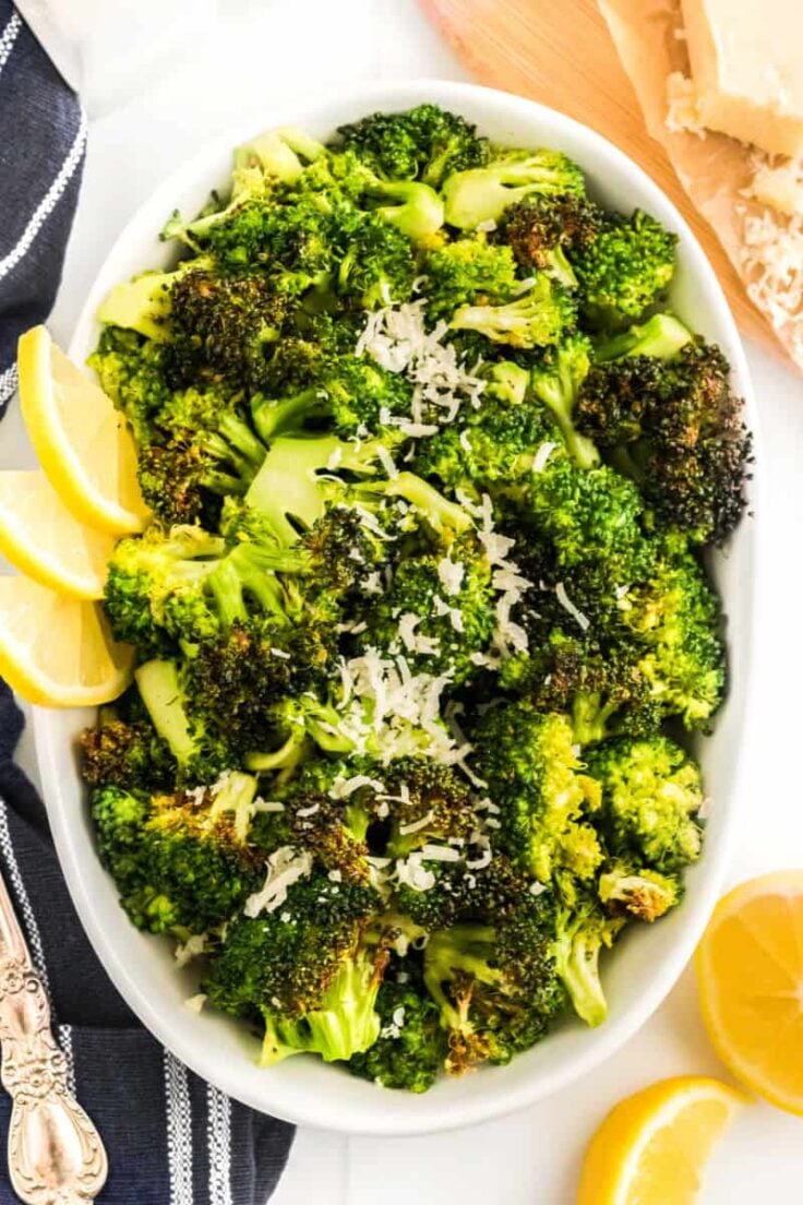 air fryer lemon parmesan broccoli on white plate