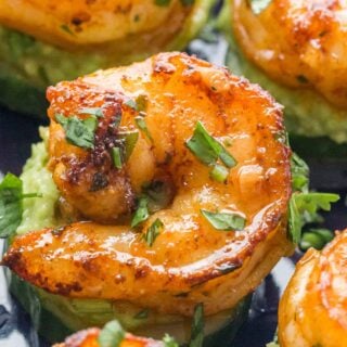 close up of a cucumber shrimp appetizer bite