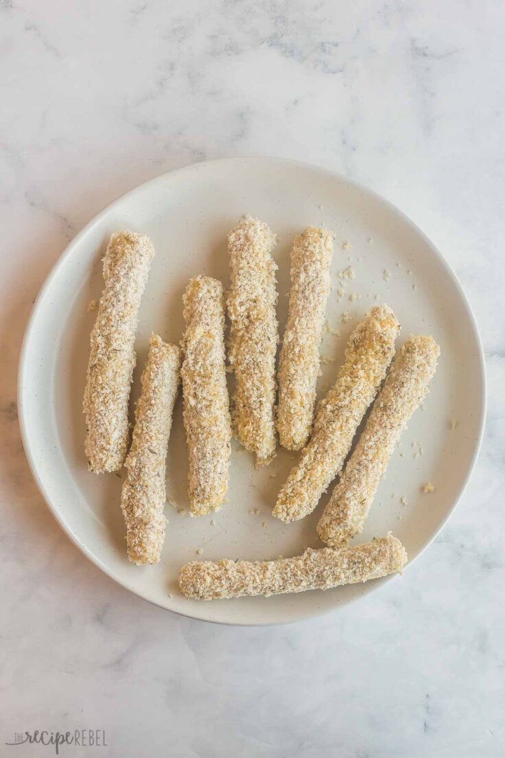 air fryer mozza sticks coated and ready for air fryer
