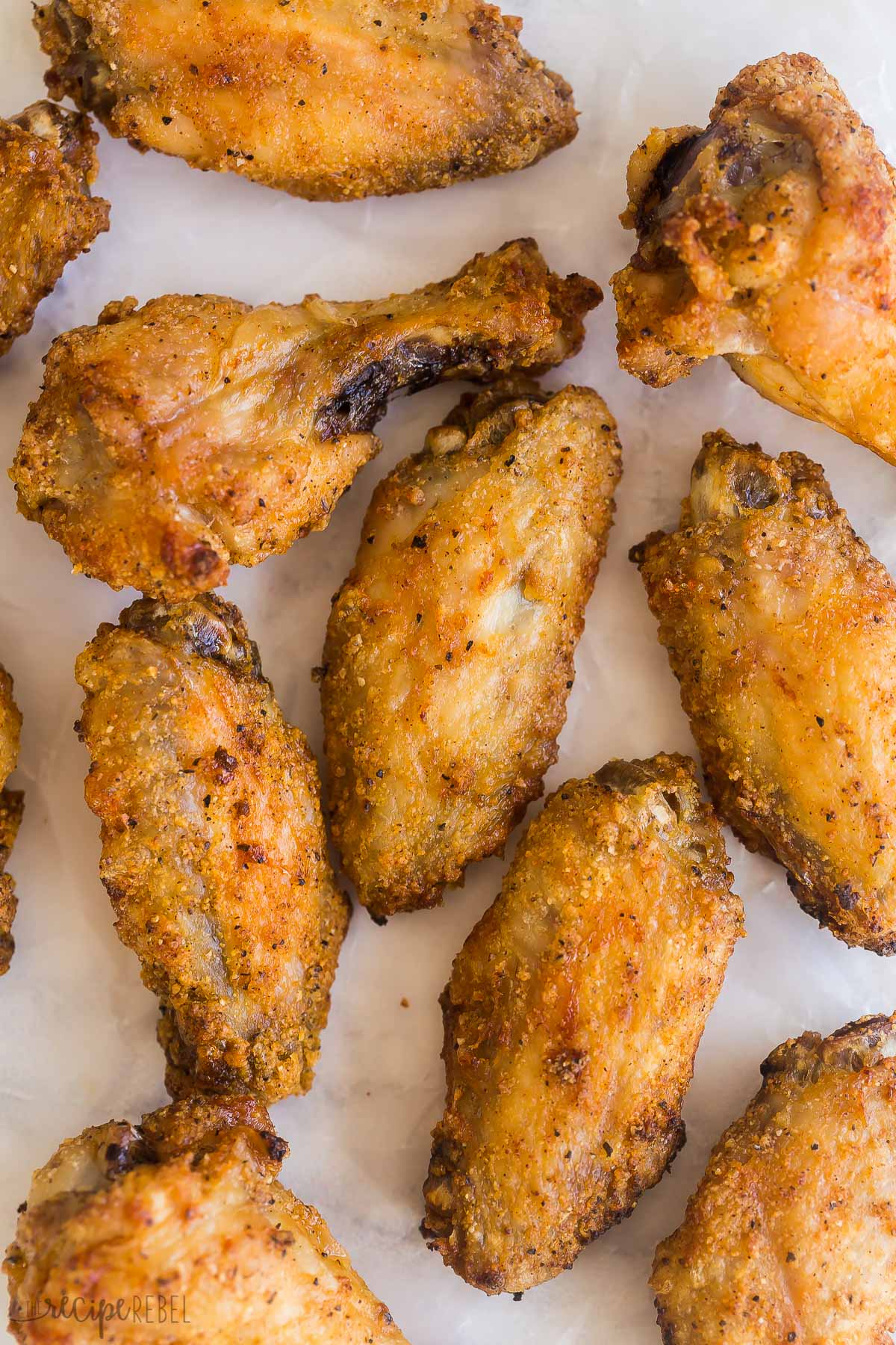 close up image of crispy baked chicken wings with no sauce