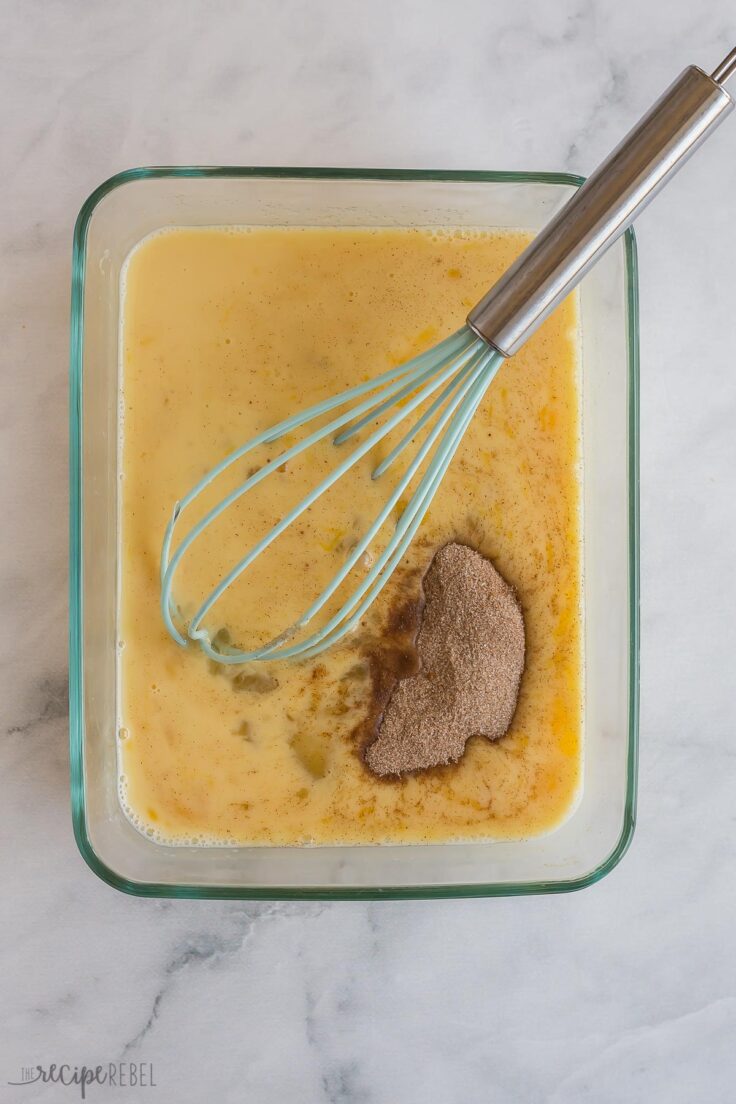 cinnamon sugar mixture added to eggs in glass dish