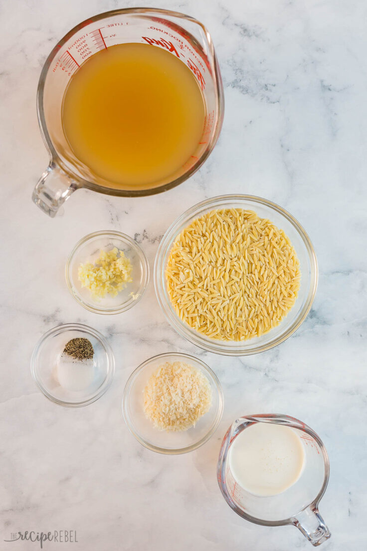 This Garlic Parmesan Orzo Pasta is a one-pot recipe for tender orzo tossed in a light and cheesy cream sauce. It's simple to make and comes together in a total of 20 minutes! #pasta #recipes #dinner | easy dinner ideas | dinner recipes | easy recipe | pasta recipe | orzo pasta | garlic | cheesy | comfort food ingredients needed for garlic parmesan orzo pasta