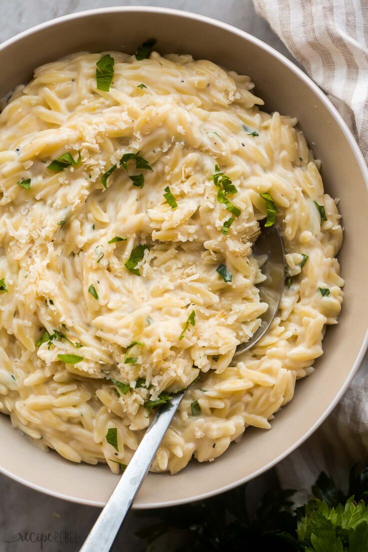 This Garlic Parmesan Orzo Pasta is a one-pot recipe for tender orzo tossed in a light and cheesy cream sauce. It's simple to make and comes together in a total of 20 minutes! #pasta #recipes #dinner | easy dinner ideas | dinner recipes | easy recipe | pasta recipe | orzo pasta | garlic | cheesy | comfort food close up image of garlic parmesan orzo pasta in grey bowl with spoon