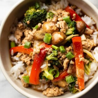 Ground turkey stir fry served over rice.