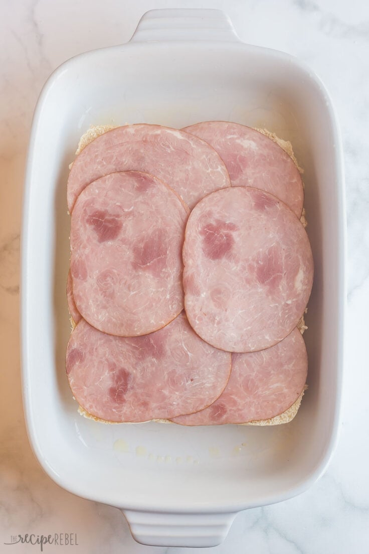 ham slices layered on bottom of dinner buns to make sliders
