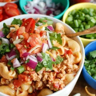 A bowl of turkey taco pasta topped with salsa.