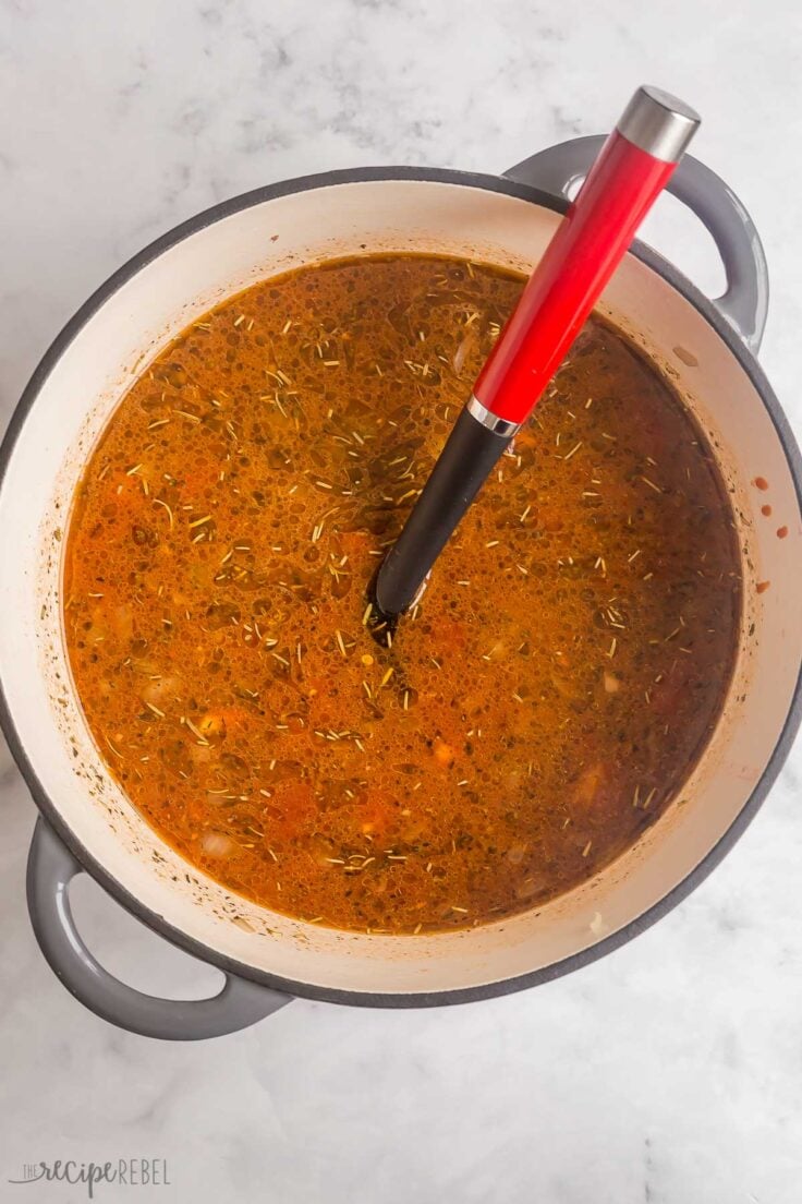 broth added to pot of lasagna soup