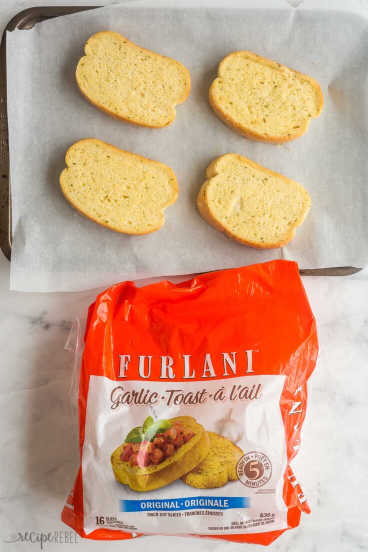 package of furlani garlic bread beside a pan of uncooked garlic bread