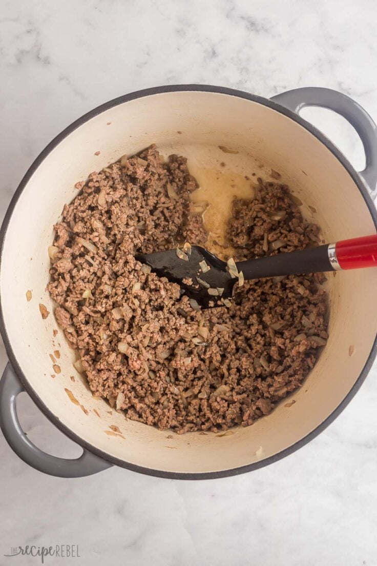 cooked ground beef and onion in large soup pot