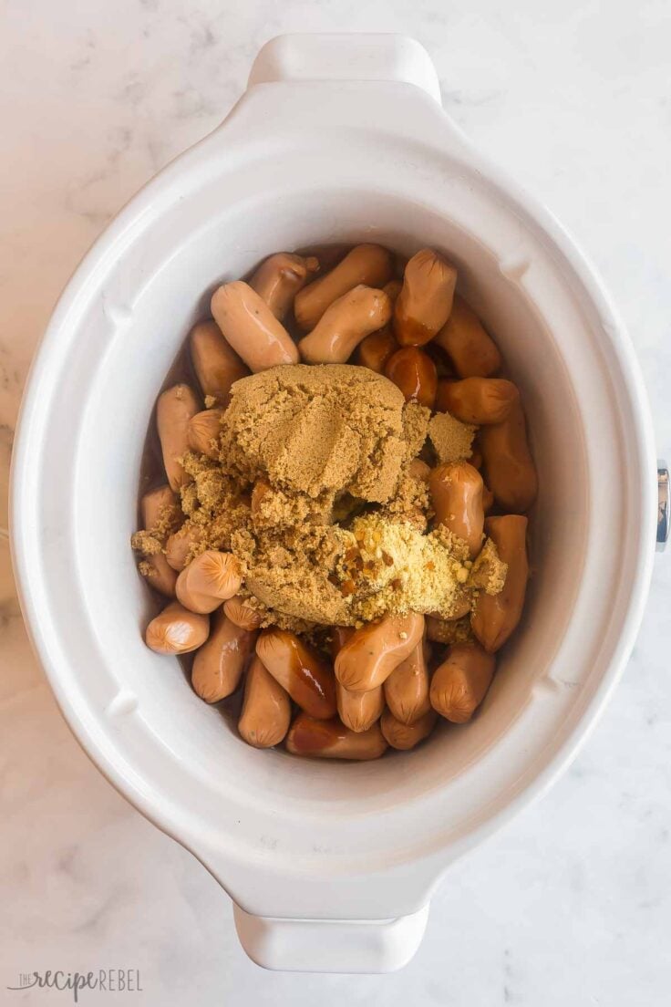 overhead image of uncooked little smokies with brown sugar and sauce ingredients