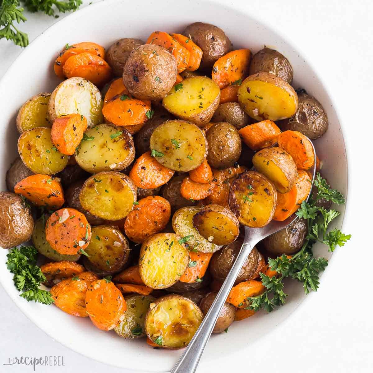 Garlic Butter Roasted Potatoes and Carrots | The Recipe Rebel
