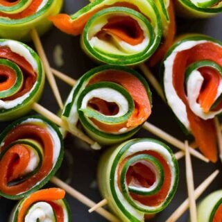 Overhead view of a smoked salmon cucumber roll-ups