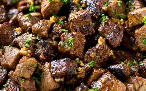 Close-up of garlic butter steak bites