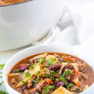 A bowl of hearty turkey cabbage patch soup.