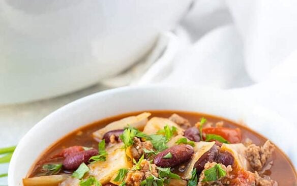 A bowl of hearty turkey cabbage patch soup.