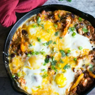 Turkey Chili Shakshuka in a skillet