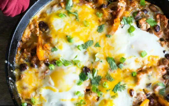 Turkey Chili Shakshuka in a skillet