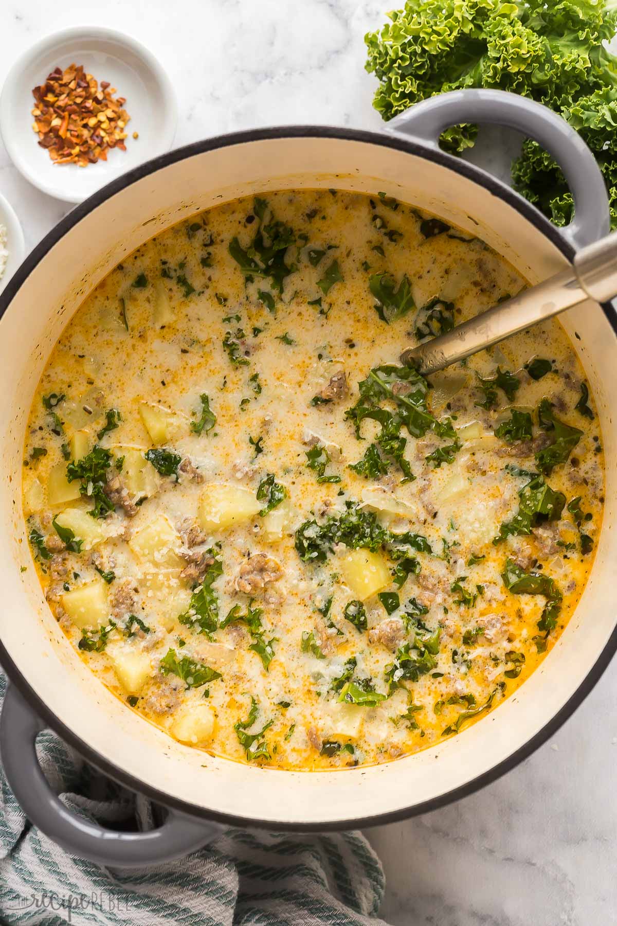 overhead image of zuppa toscana in dutch oven