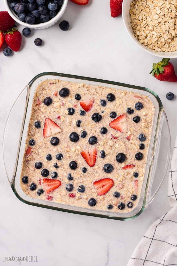 oatmeal in baking dish ready to bake