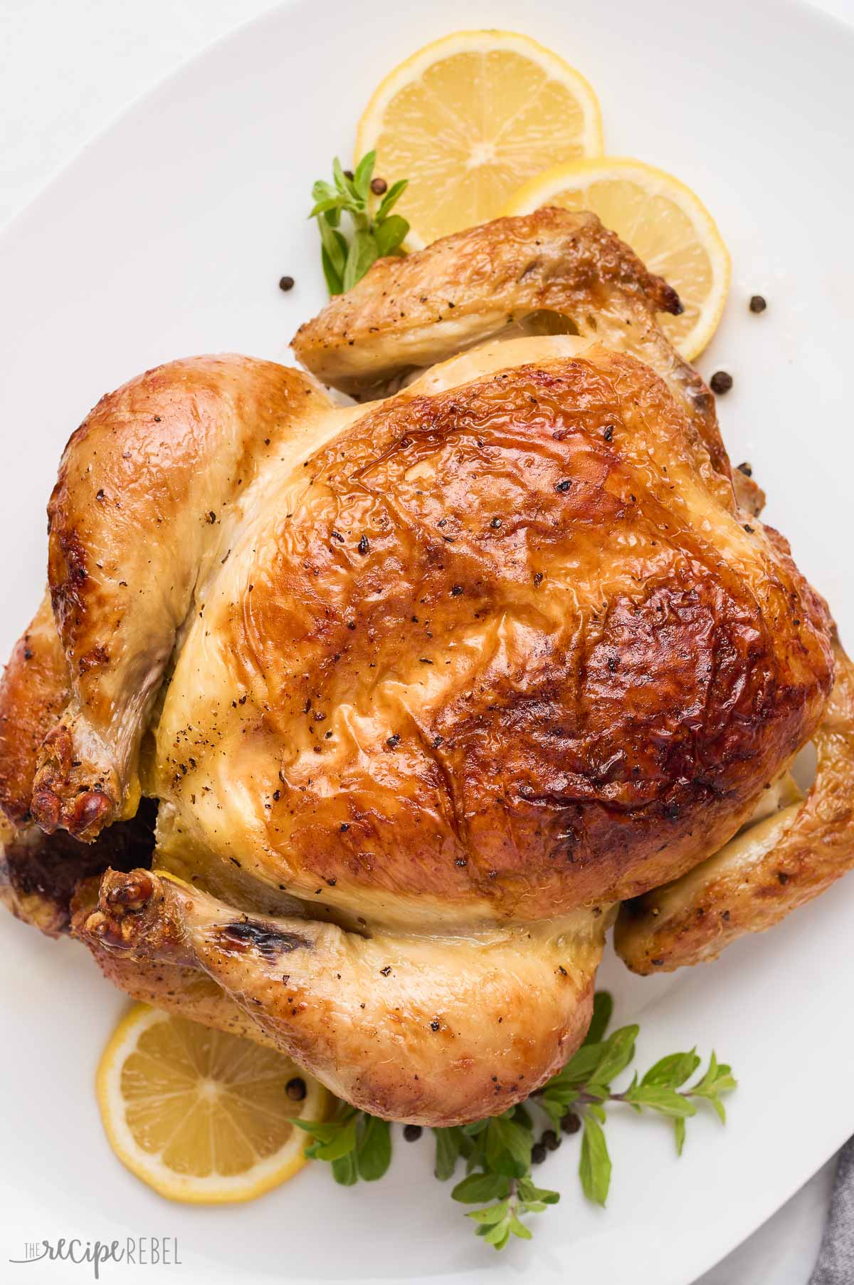 overhead image of brined chicken after roasting