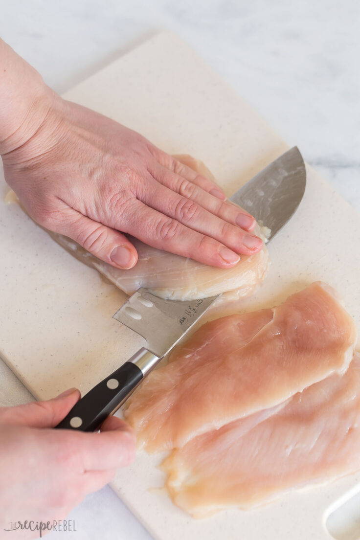 slicing chicken breasts to make two thinner pieces