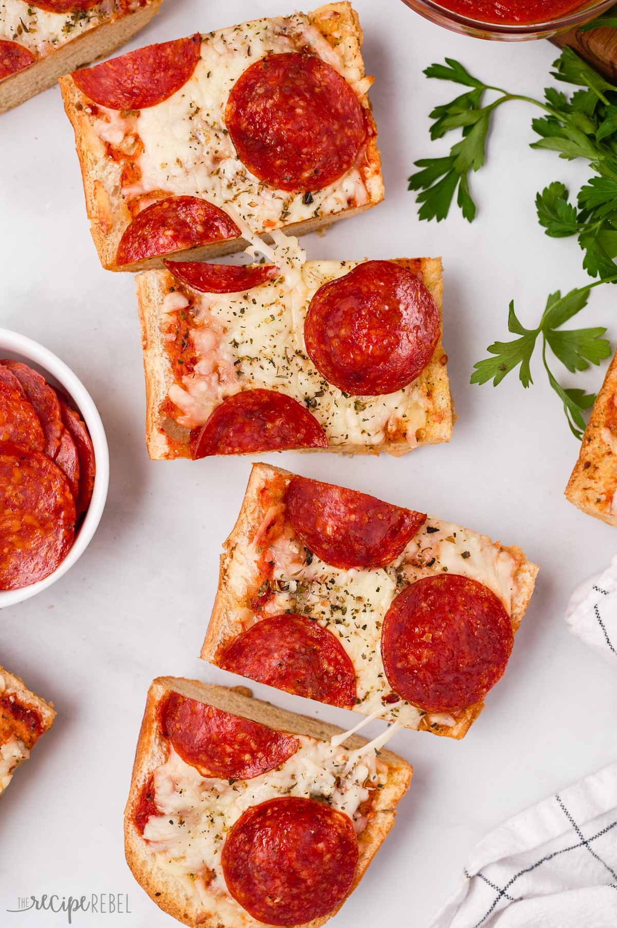 overhead image of french bread pizza sliced