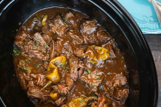 Mississippi pot roast in a crock pot.