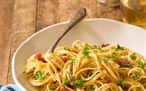 A plate full of spaghetti carbonara.