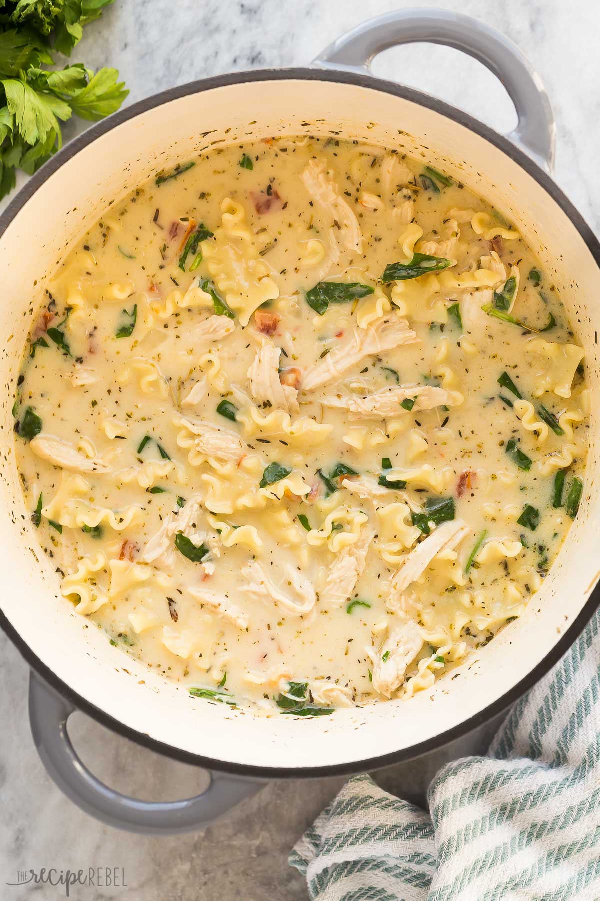 This White Lasagna Soup is your favorite pasta bake in soup form! It's rich, creamy, and packed with tender chicken, veggies, and cheese! #soup #recipe #dinner | soup recipes | easy dinner ideas | chicken breast | shredded chicken | comfort food overhead image of white lasagna soup in large dutch oven