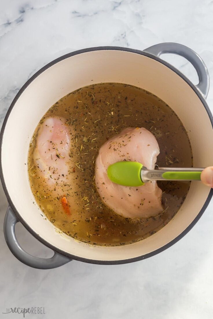 uncooked chicken breasts added to broth in large pot