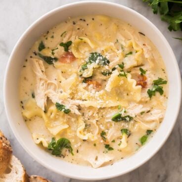 close up overhead image of white lasagna soup