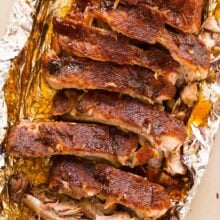 close up image of sliced ribs in foil