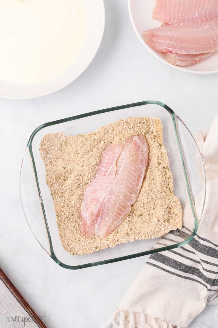 tilapia filets being coated in bread crumb coating