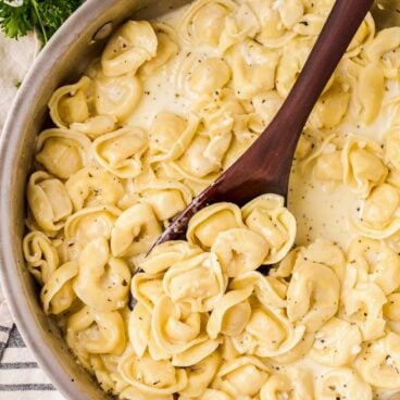 close up overhead image of cheese tortellini in creamy sauce in pan