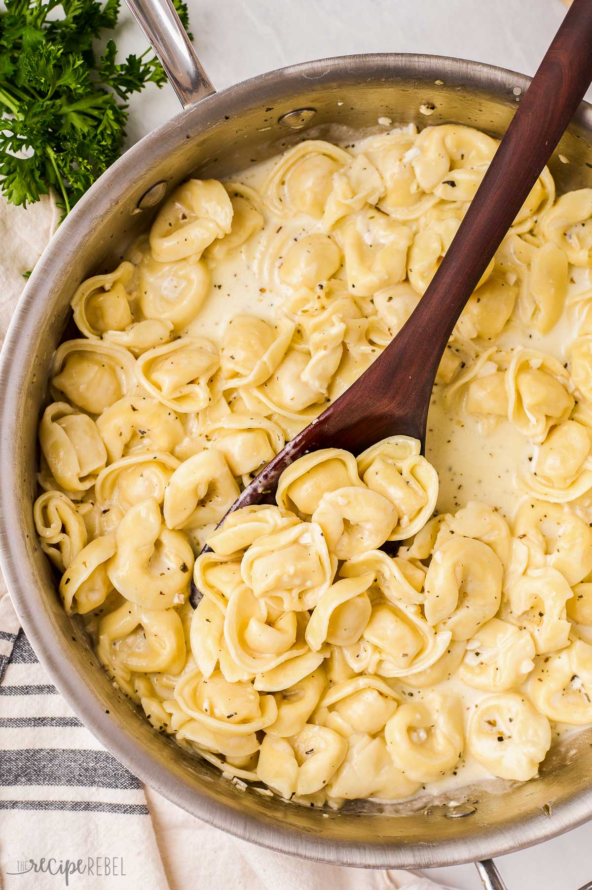 close up overhead image of cheese tortellini in creamy sauce in pan